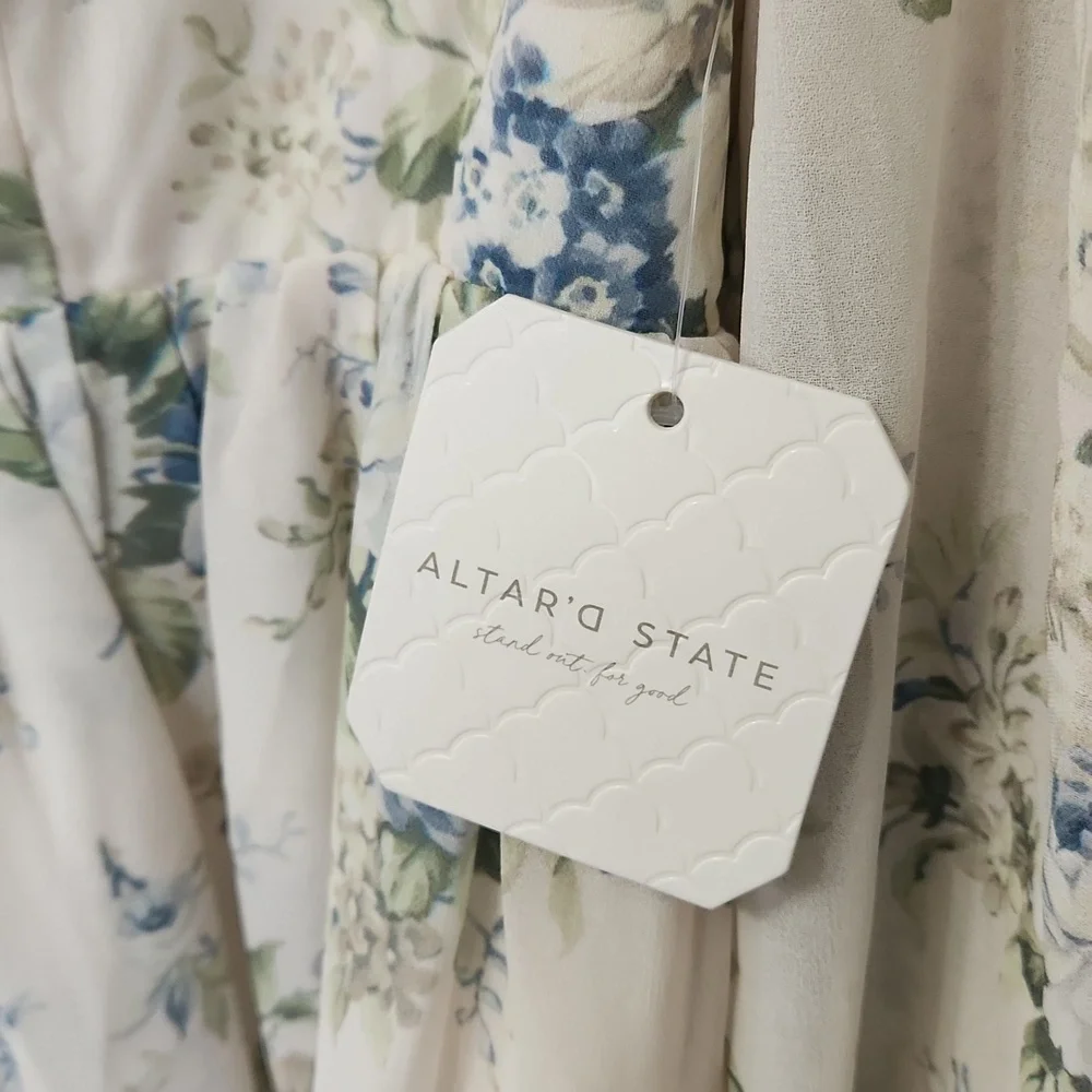 Altar'd State Fern Floral Mini Dress Ivory Blue Babydoll Puff Sleeve Cottagecore - Picture 6 of 14